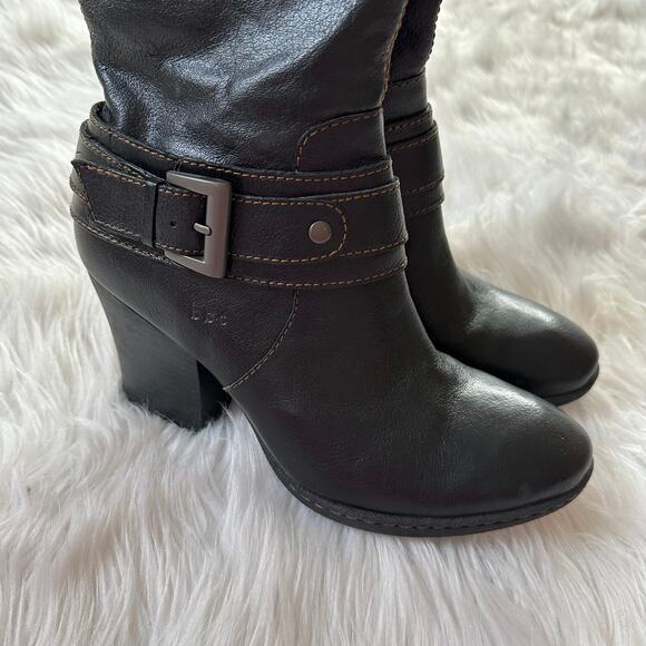 BOC Knee High Boots Leather Buckle Side Zip Block Heeled Tall, Black - Picture 5 of 8